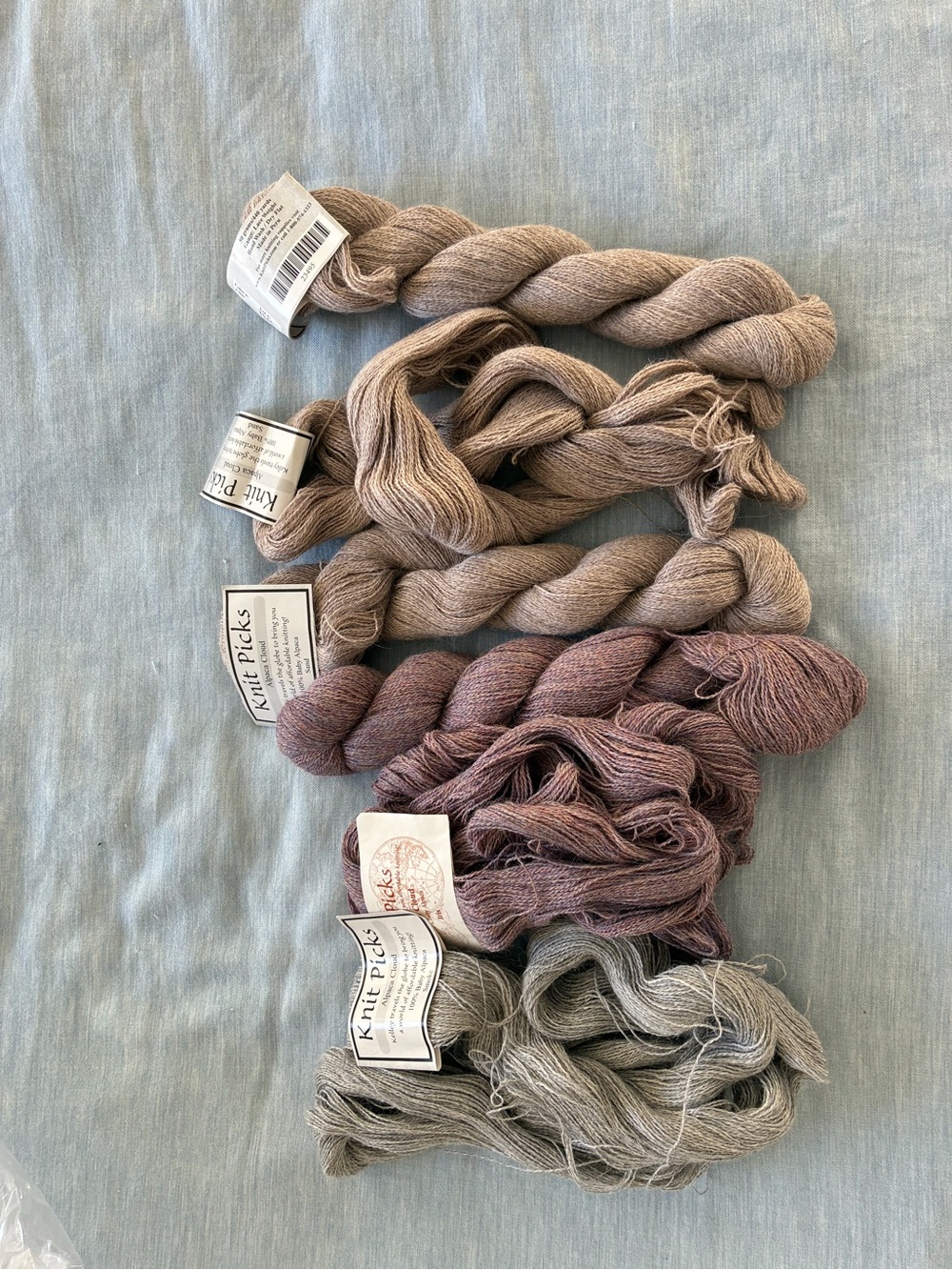 Knit Picks 100% Alpaca Yarn Set in Sand, Iris and Smoke